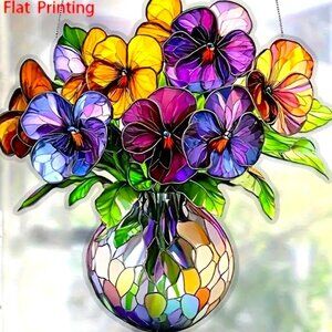Suncatcher Flowers Pansy Floral Vase Hanging Window Decor Colorful Garden Spring